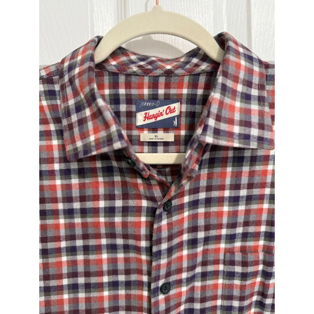 Johnnie-O Hangin Out Mens XL Plaid Button Down Shirt Red Navy Cotton Stretch